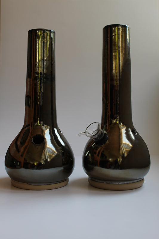 Mirrored Handmade Ceramic Bong – Wheel-Thrown Stoneware Smokeware with Glazed Finish & 14mm Glass Downstem