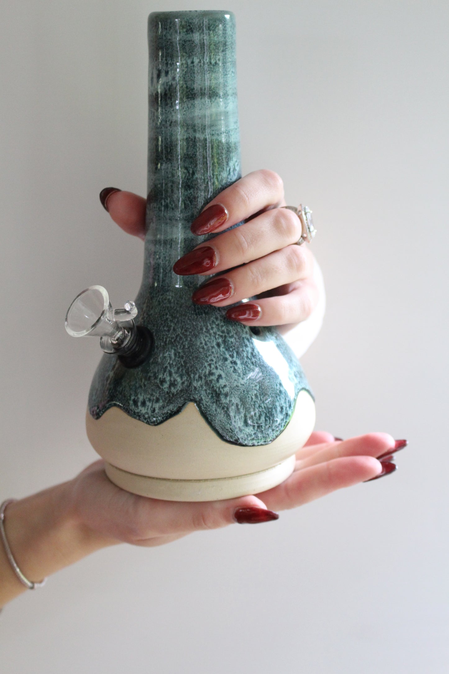 Green Oil Spot Handmade Ceramic Bong – Wheel-Thrown Stoneware Smokeware with Glazed Finish & 14mm Glass Downstem